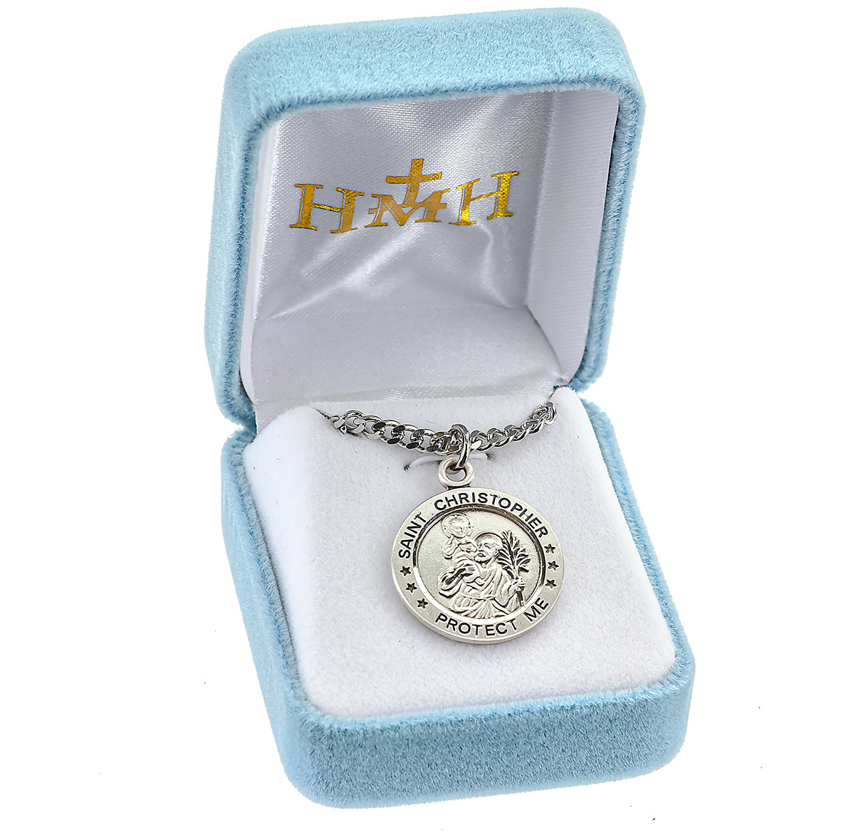 Saint Christopher Protect Us Round Sterling Silver Medal Pendant with Chain