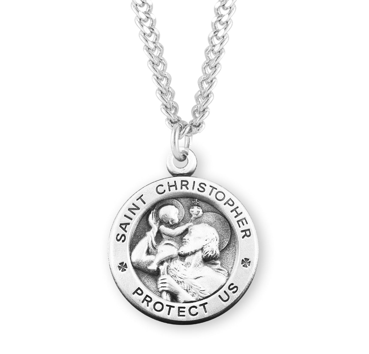 Saint Christopher Protect Us Round Sterling Silver Medal Pendant with Chain