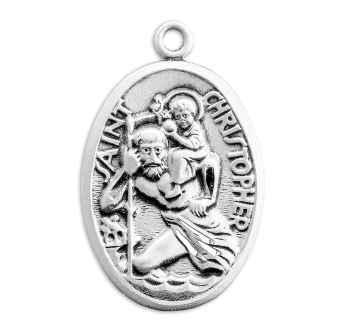 Saint Christopher Protect Us Oval Sterling Silver Medal Pendant with Chain