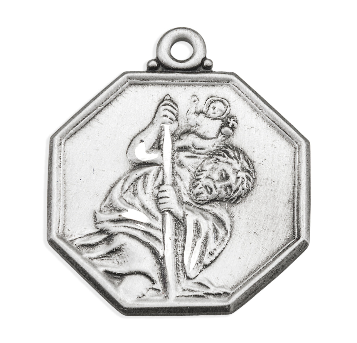 Saint Christopher Protect Us Octagon Sterling Silver Medal Pendant with Chain