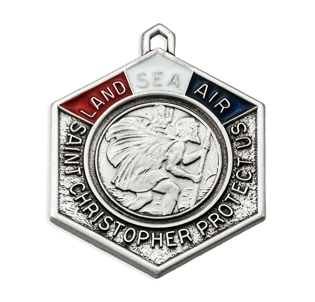 Saint Christopher Protect Us Land, Sea, and Air Enameled Sterling Silver Medal Pendant with Chain