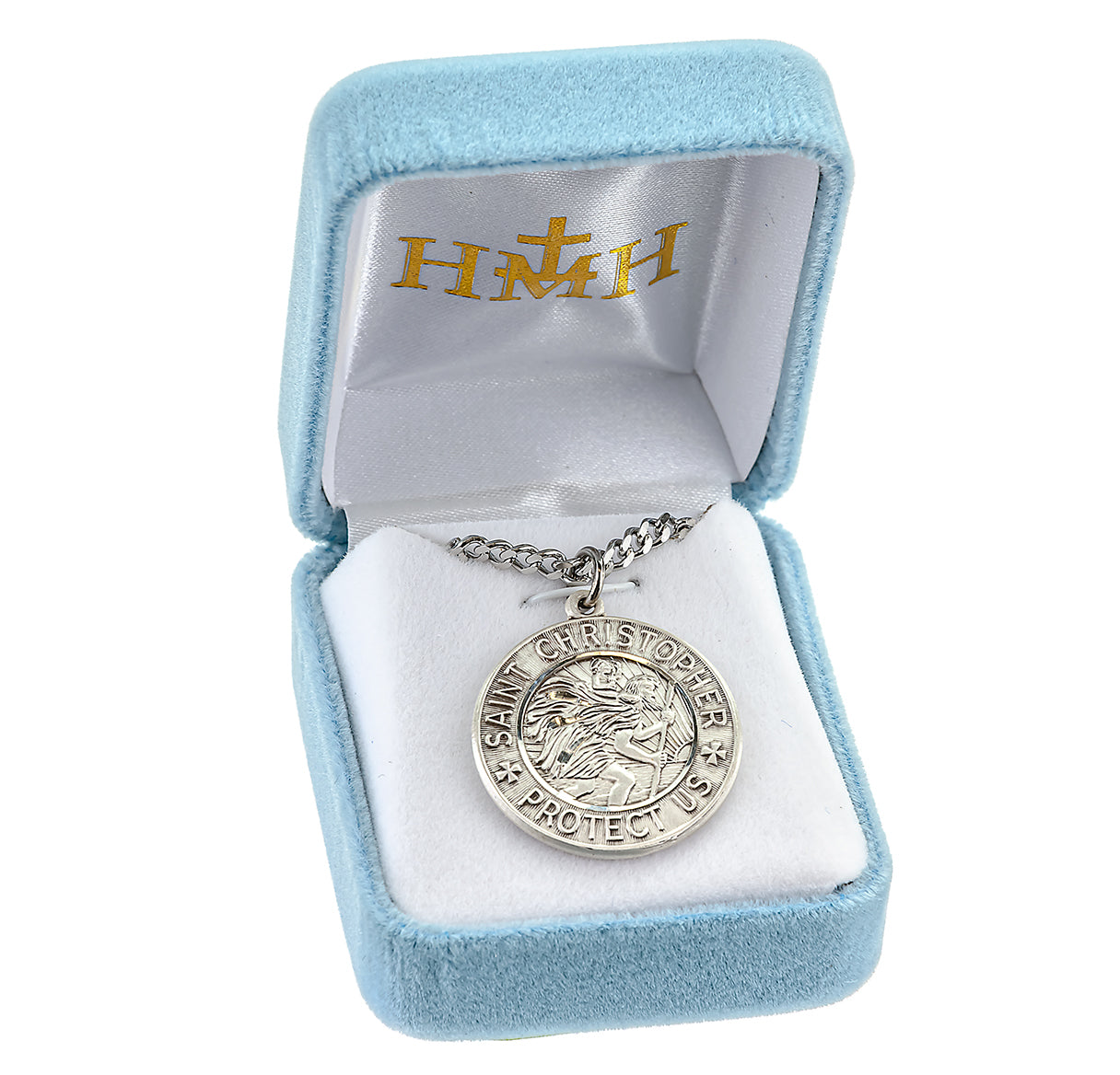 Saint Christopher Protect Us Round Sterling Silver Medal Pendant with Chain