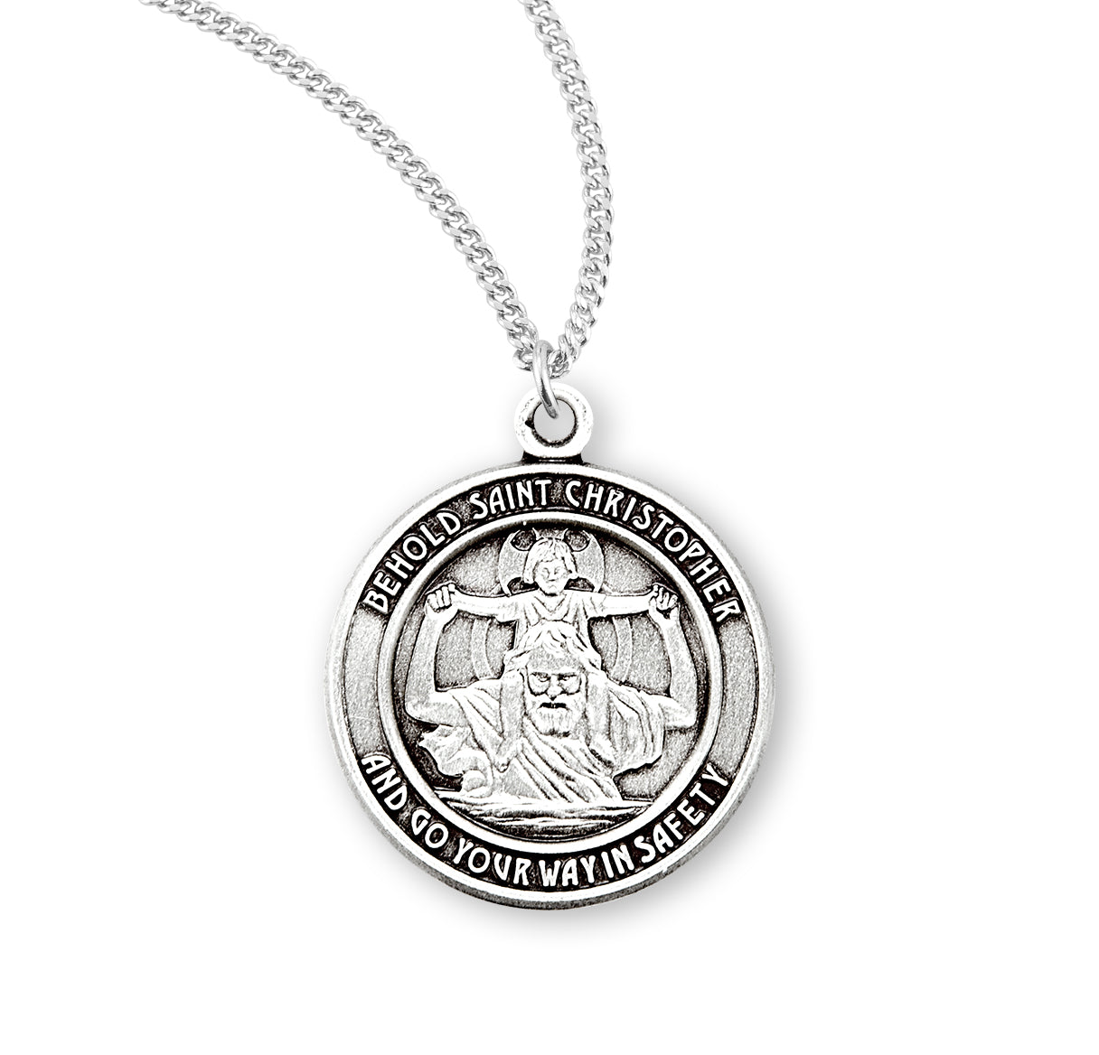 Saint Christopher Protect Us Round Sterling Silver Medal Pendant with Chain