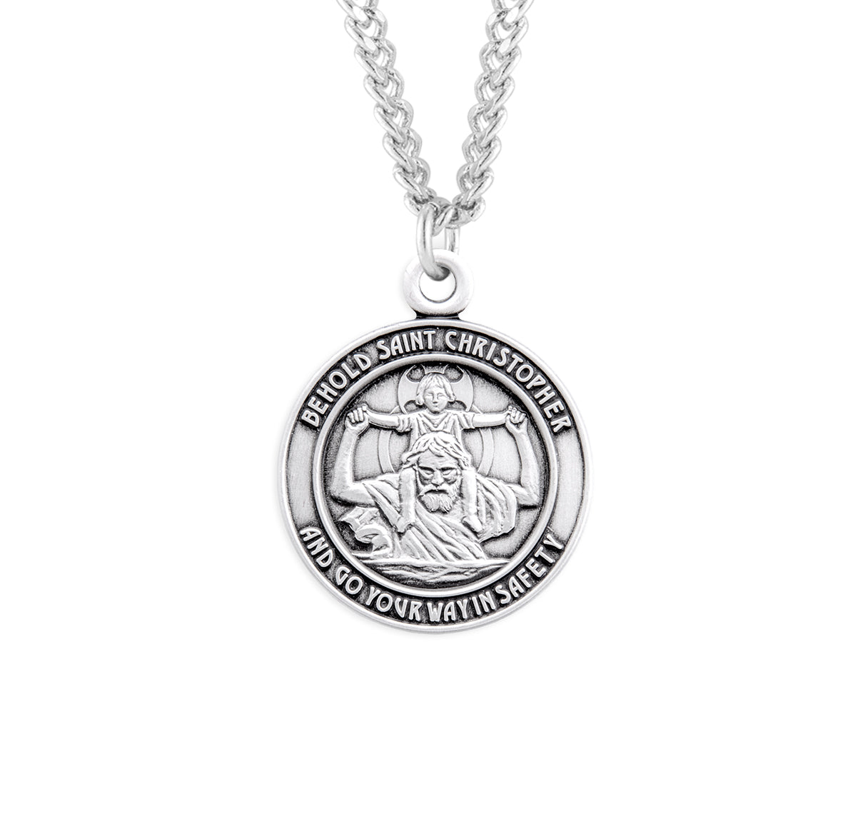 Saint Christopher Protect Us Round Sterling Silver Medal Pendant with Chain
