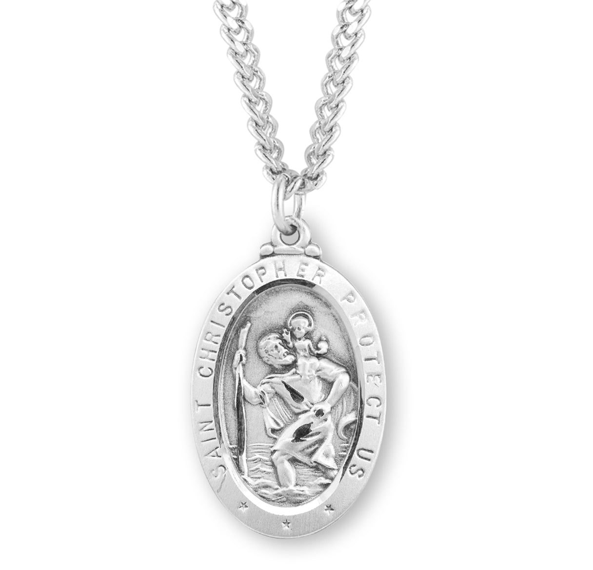 Saint Christopher Protect Us Oval Sterling Silver Medal Pendant with Chain