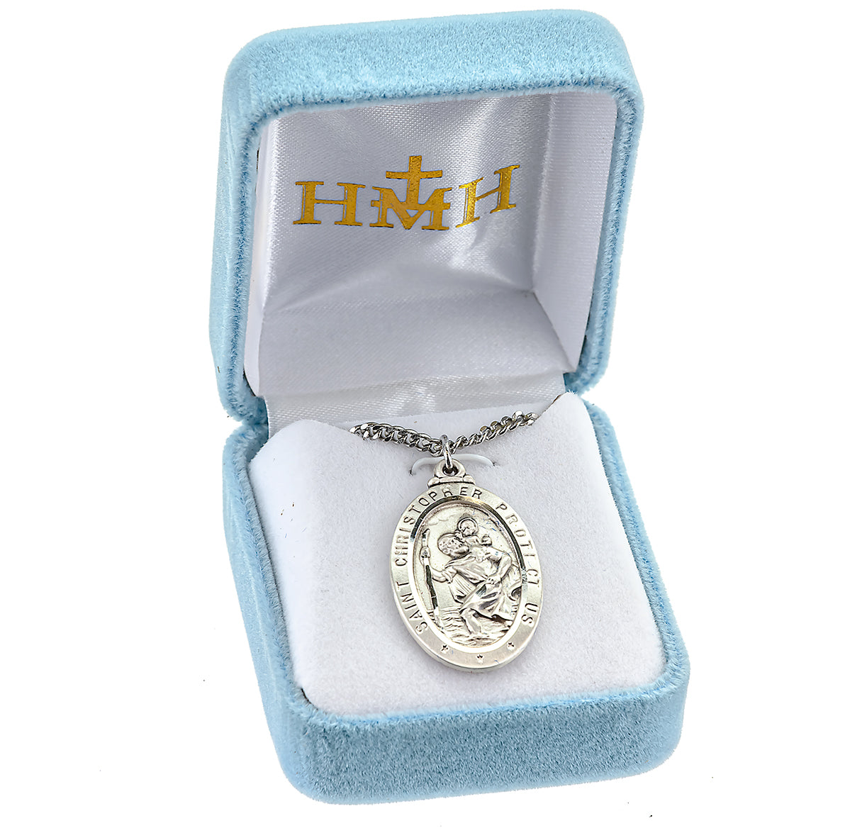 Saint Christopher Protect Us Oval Sterling Silver Medal Pendant with Chain