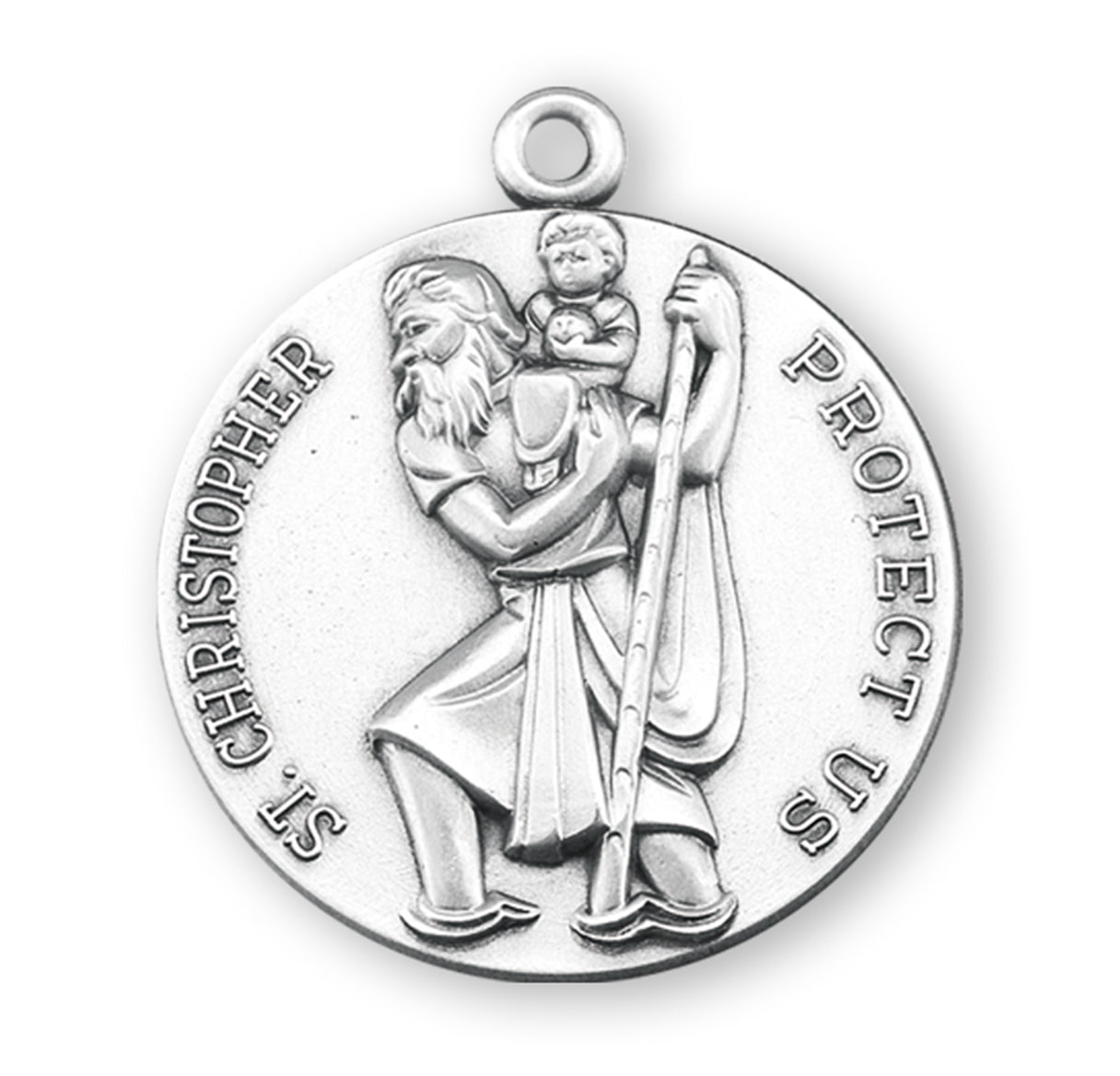 Saint Christopher Protect Us Round Sterling Silver Medal Pendant with Chain