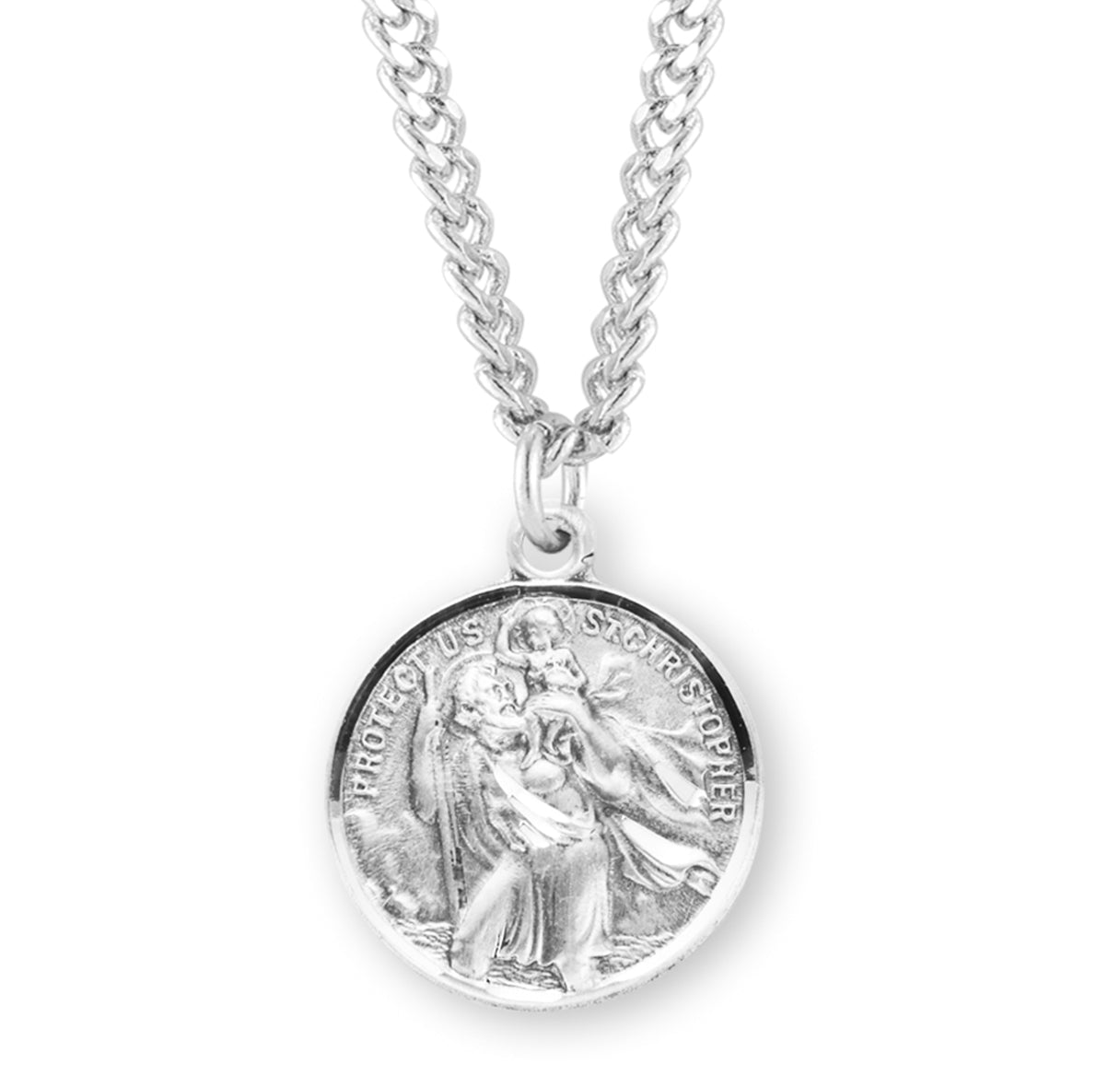 Saint Christopher Protect Us and Saint Raphael Double Sided Sterling Silver Medal Pendant with Chain