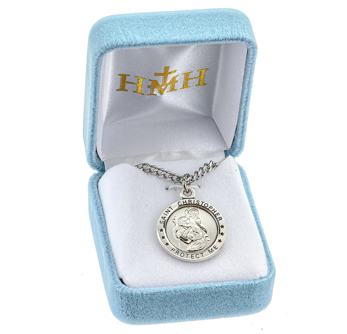 Saint Christopher Protect Us Round Sterling Silver Medal Pendant with Chain