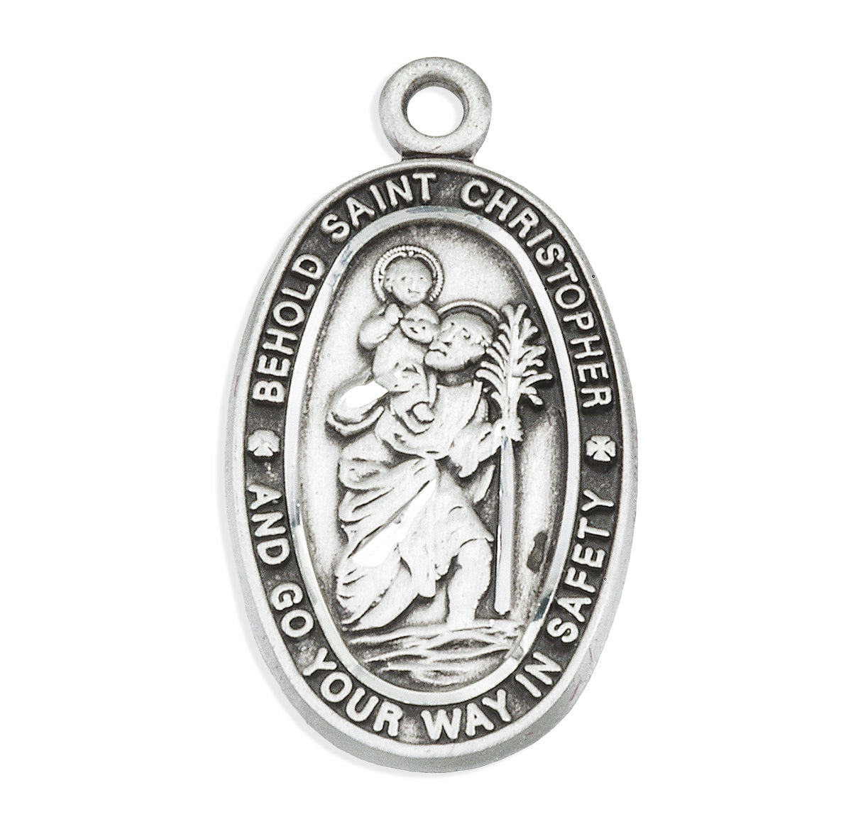 Saint Christopher Protect Us Oval Sterling Silver Medal Pendant with Chain