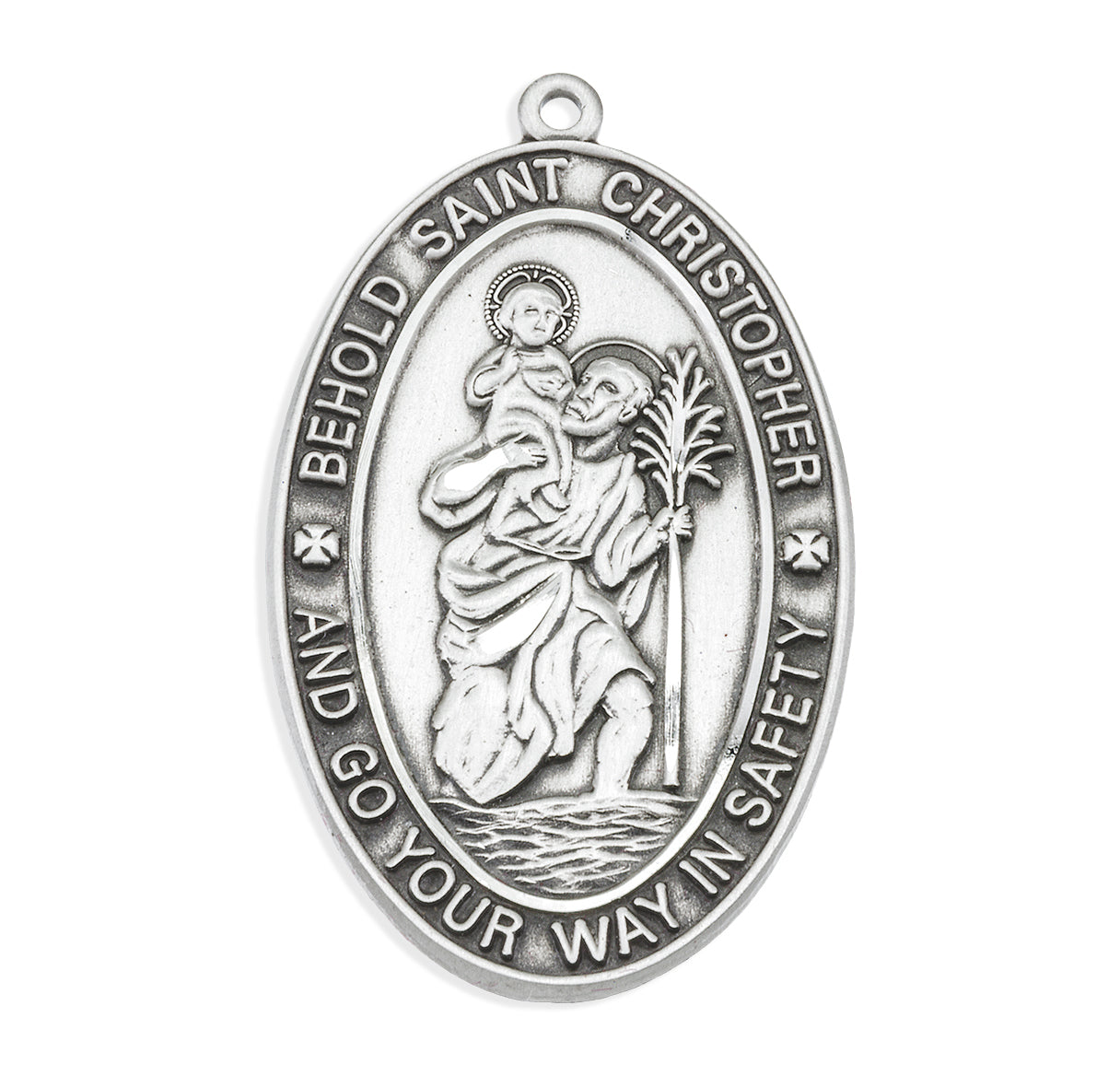 Saint Christopher Protect Us Oval Sterling Silver Medal Pendant with Chain