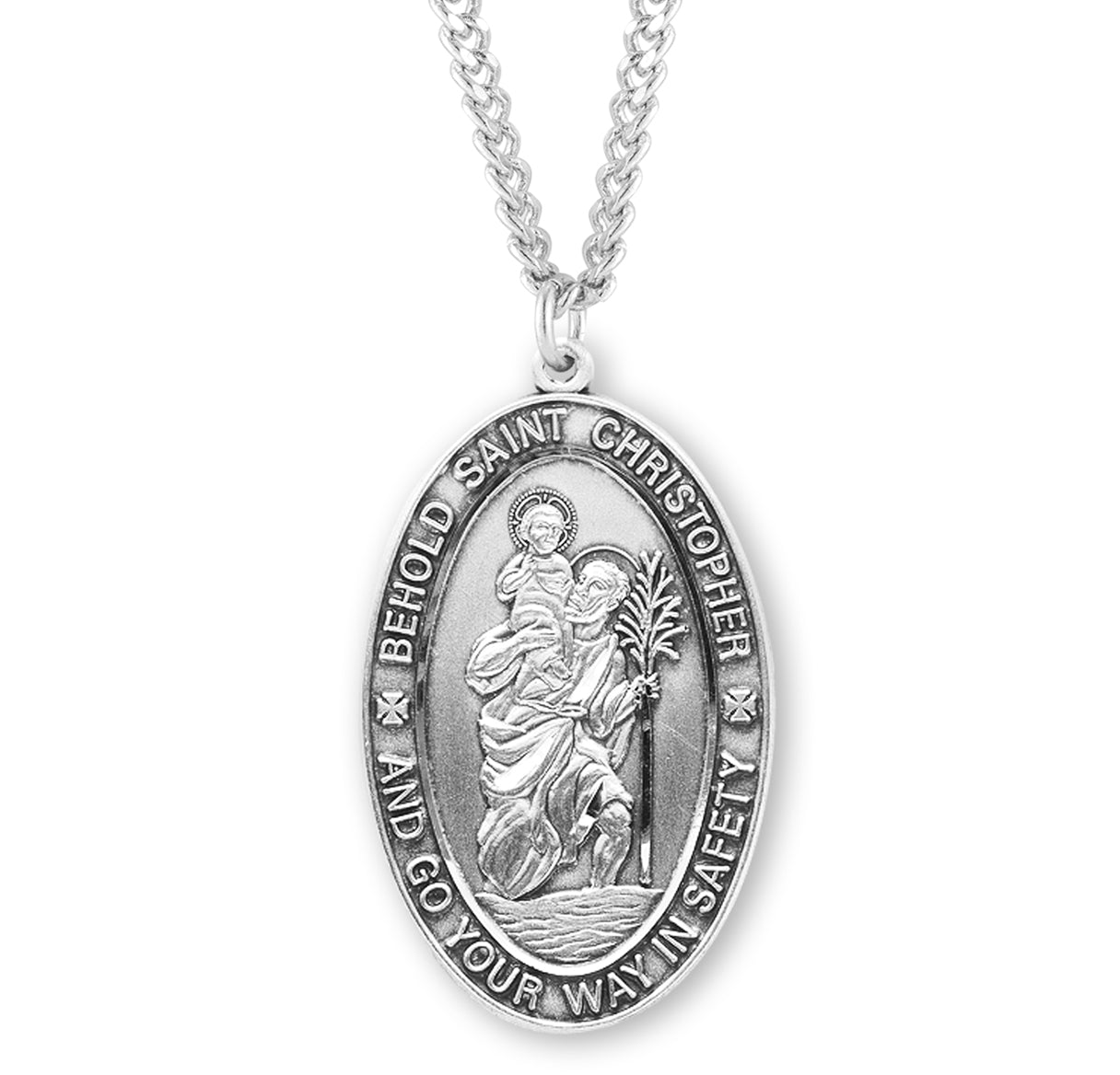Saint Christopher Protect Us Oval Sterling Silver Medal Pendant with Chain