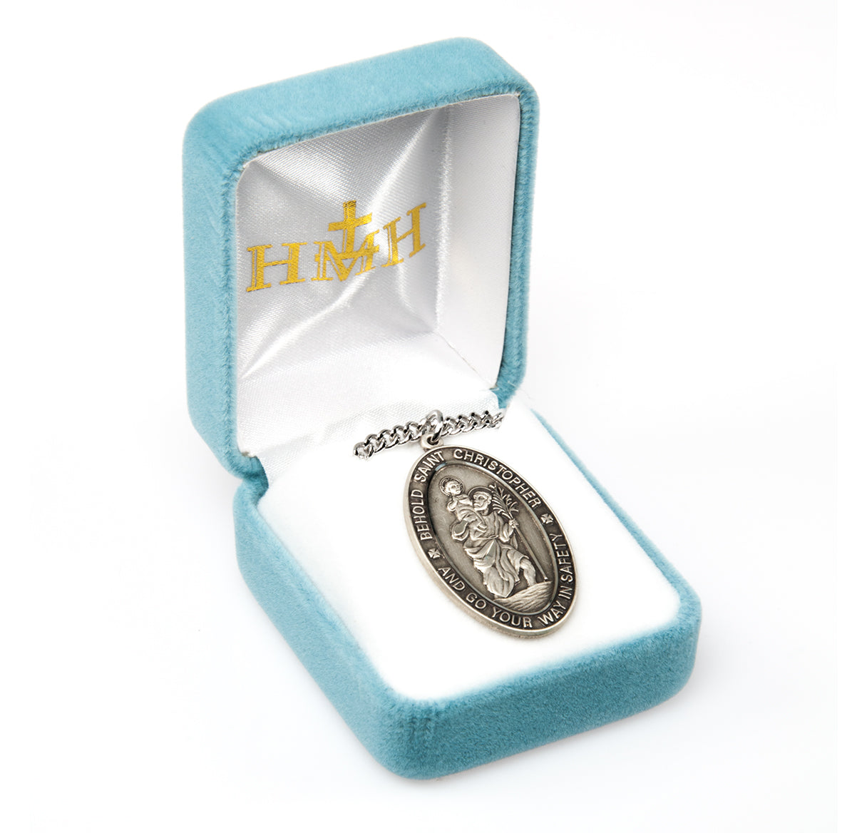 Saint Christopher Protect Us Oval Sterling Silver Medal Pendant with Chain