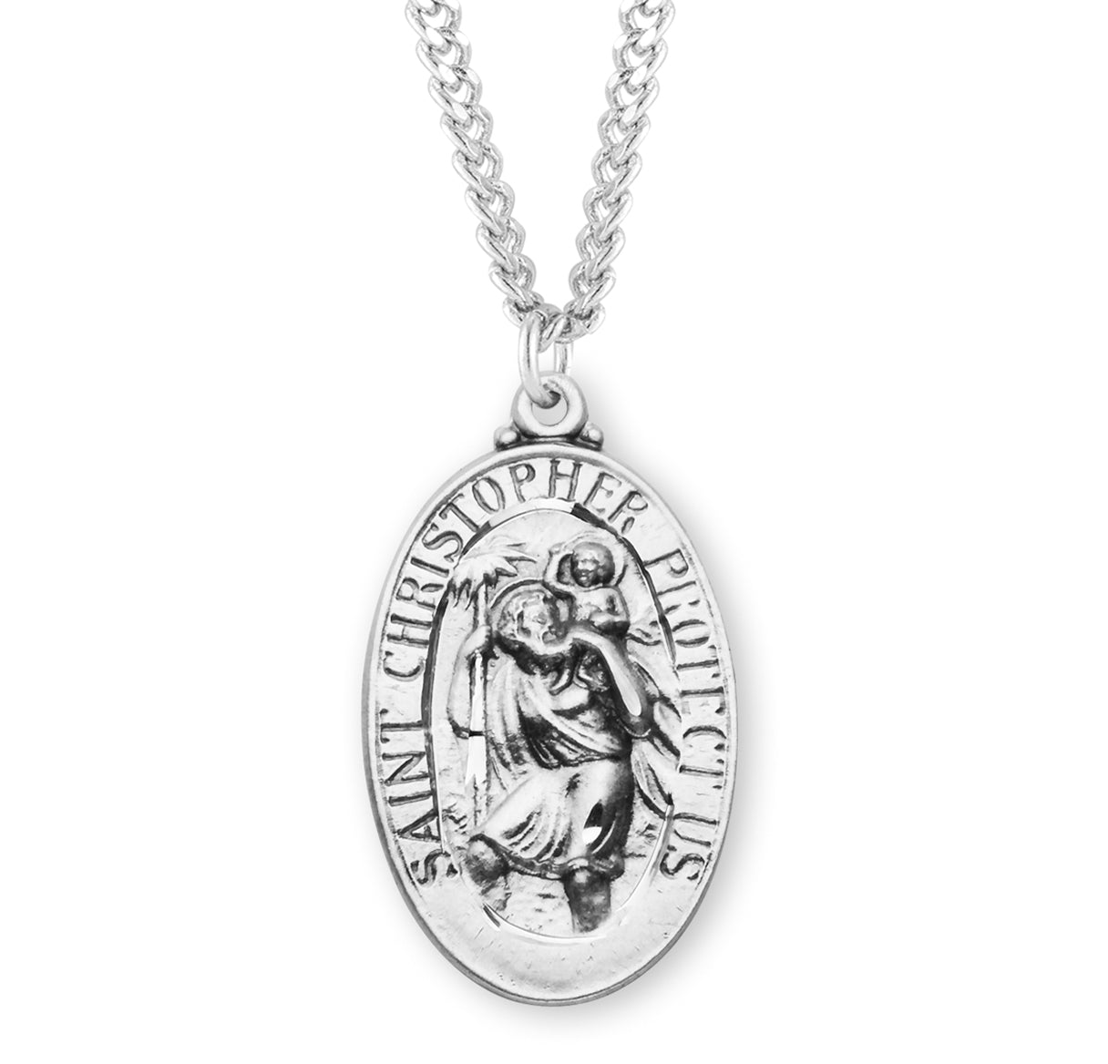 Saint Christopher Protect Us Oval Sterling Silver Medal Pendant with Chain