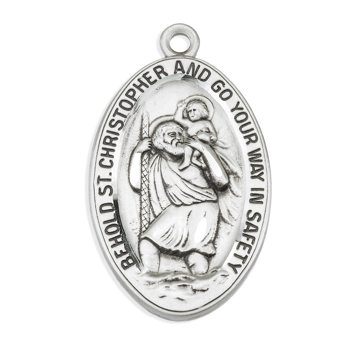 Saint Christopher Protect Us Oval Sterling Silver Medal Pendant with Chain