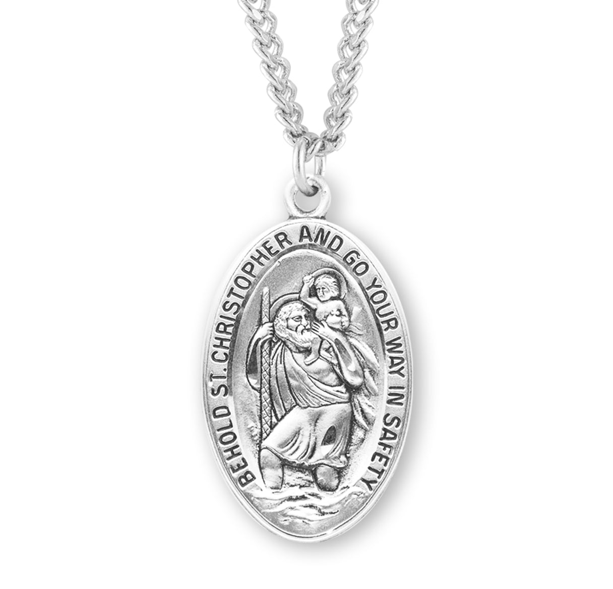 Saint Christopher Protect Us Oval Sterling Silver Medal Pendant with Chain