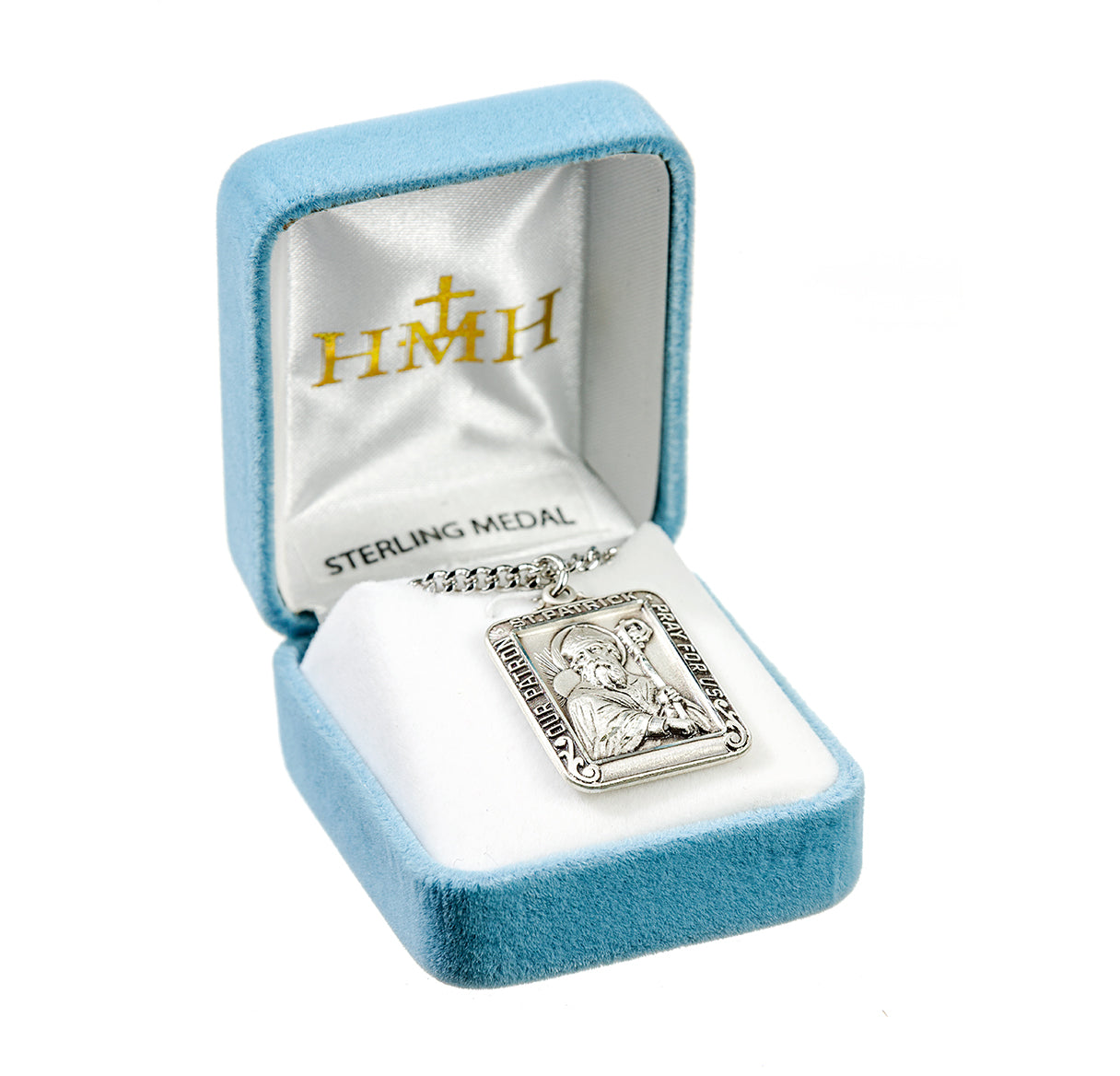 Saint Patrick Square Sterling Silver Medal Pendant with Chain