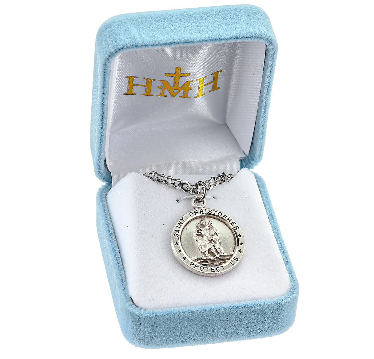 Saint Christopher Protect Us Round Sterling Silver Medal Pendant with Chain