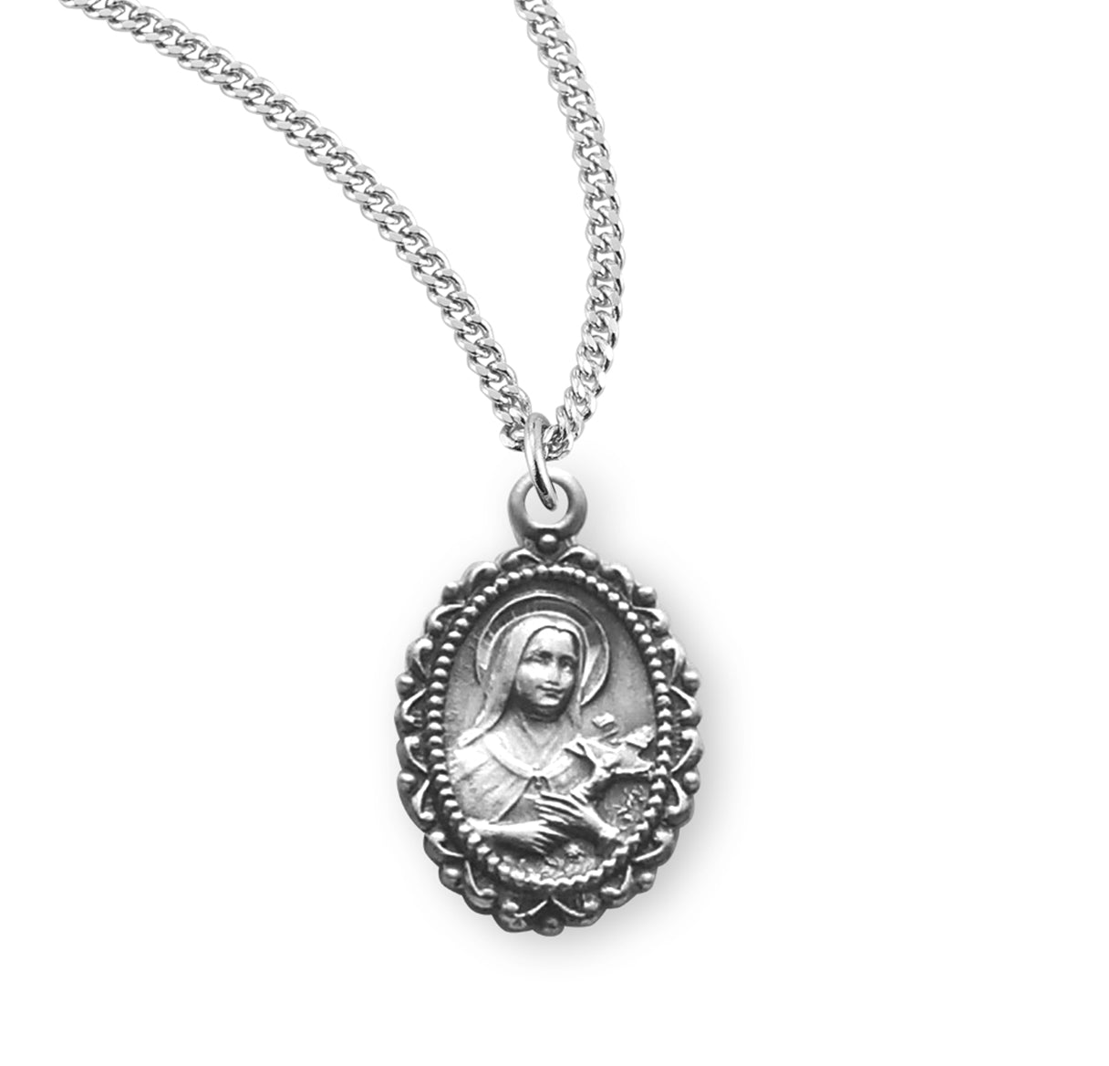 Saint Therese of Lisieux Oval Sterling Silver Medal Pendant with Chain