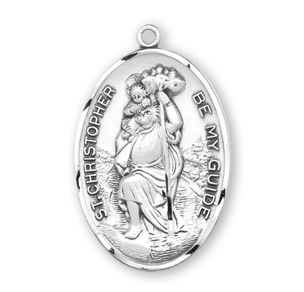 Saint Christopher Protect Us Oval Sterling Silver Medal Pendant with Chain