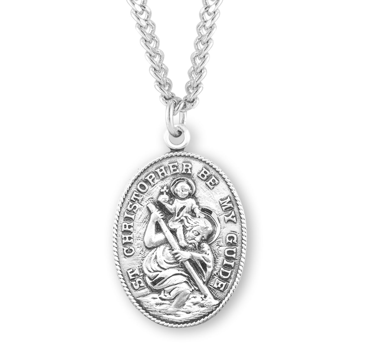 Saint Christopher Protect Us Oval Sterling Silver Medal Pendant with Chain