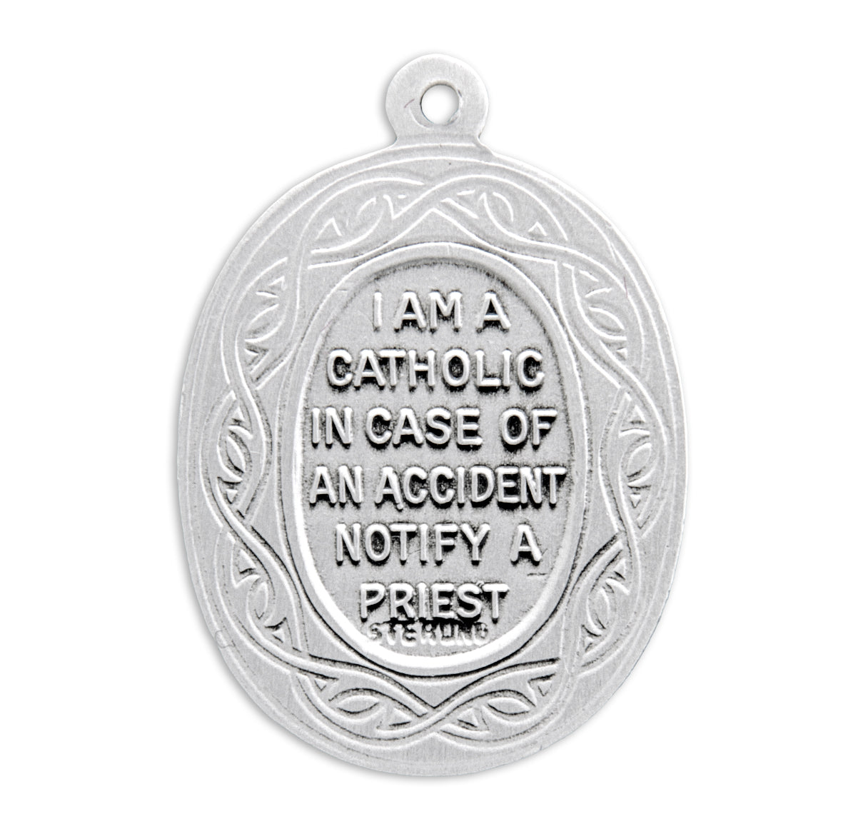 Saint Christopher Protect Us Oval Sterling Silver "Crown of Thorns" Medal Pendant with Chain
