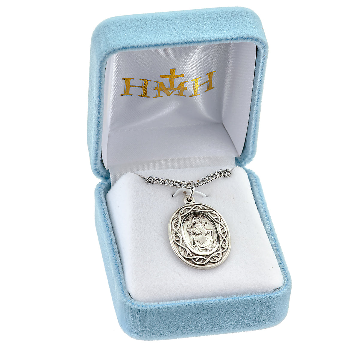 Saint Christopher Protect Us Oval Sterling Silver "Crown of Thorns" Medal Pendant with Chain