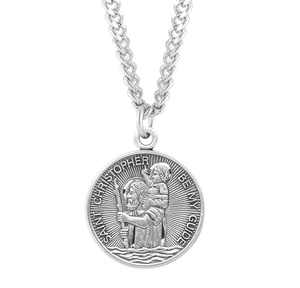 Saint Christopher Protect Us Round Sterling Silver Medal Pendant with Chain