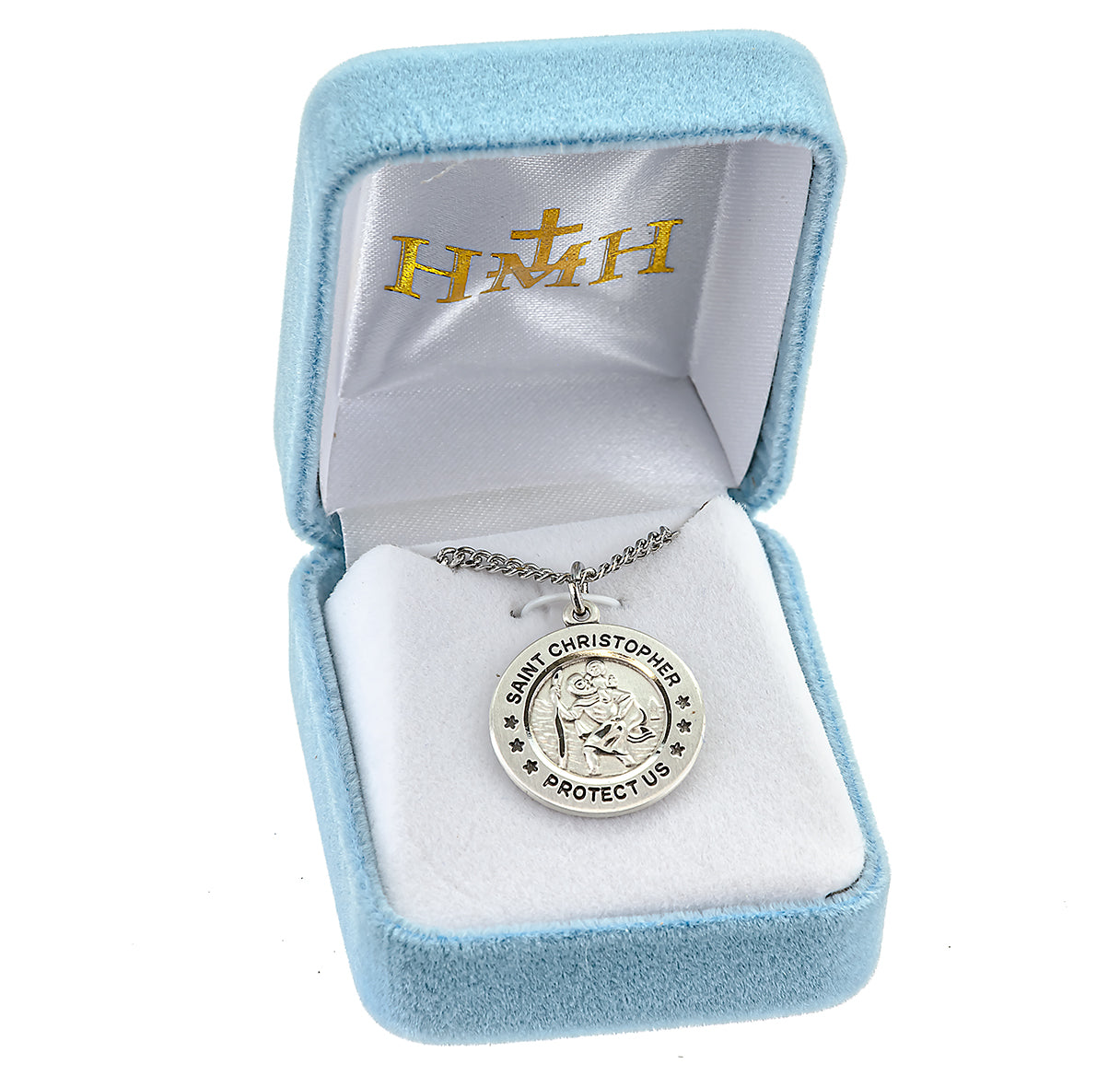 Saint Christopher Protect Us Round Sterling Silver Medal Pendant with Chain