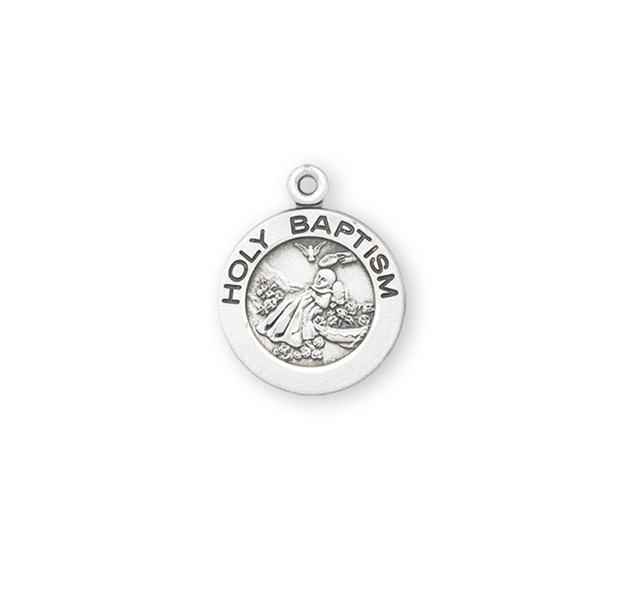 Holy Baptism Round Sterling Silver Medal Pendant with Chain
