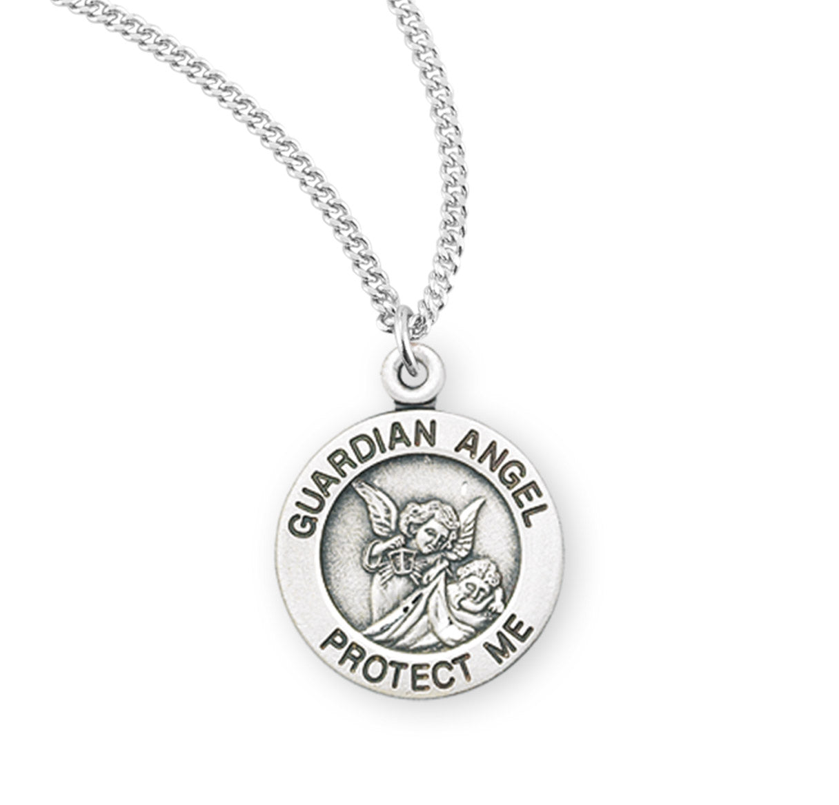 Guardian Angel Round Sterling Silver Medal Pendant with Chain