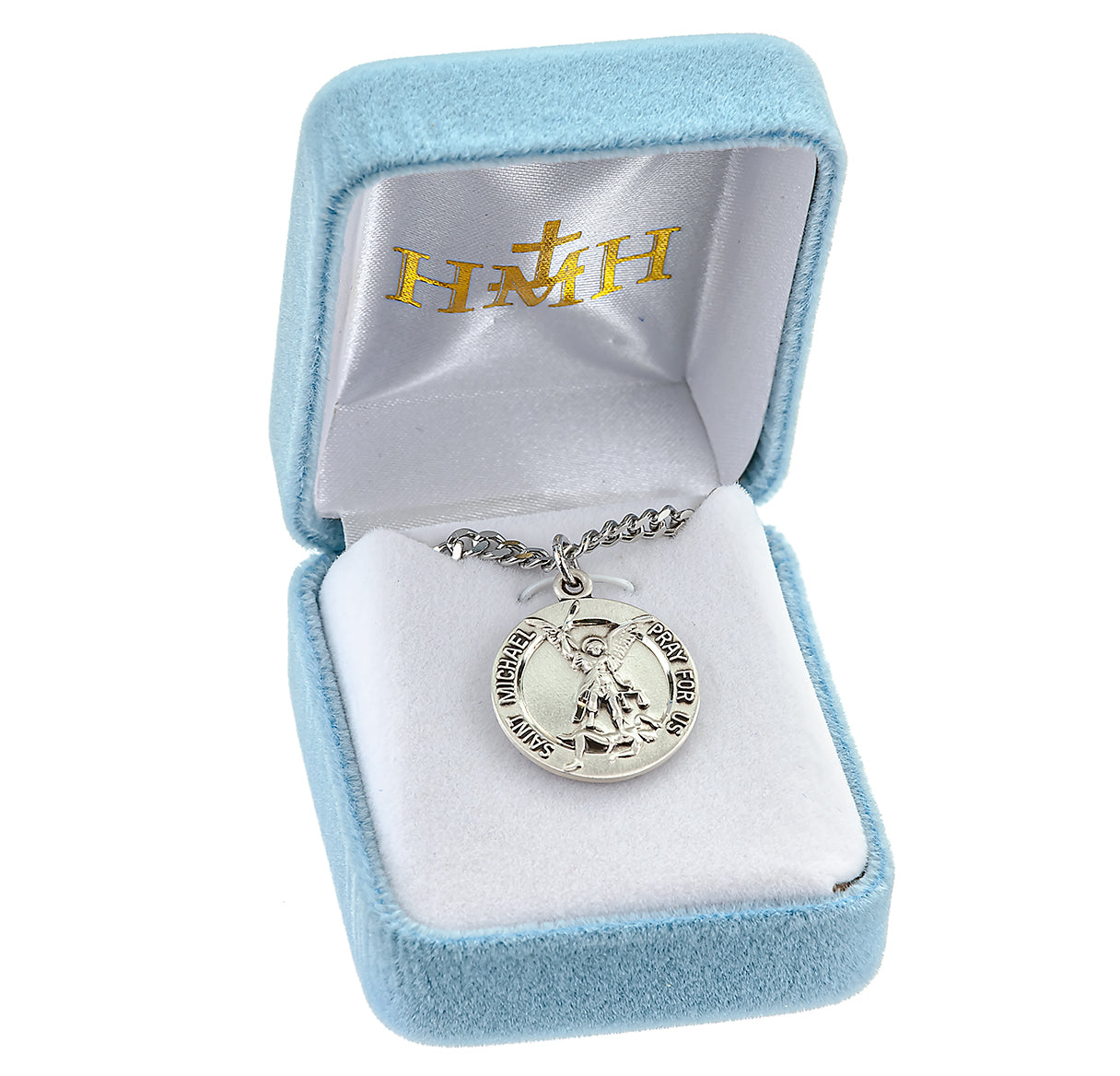 Saint Michael the Archangel Slaying Demon Round Sterling Silver Medal Pendant with Chain