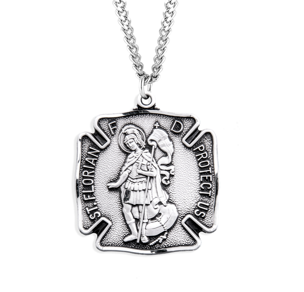 Saint Florian Sterling Silver Firefighters Medal Pendant with Chain