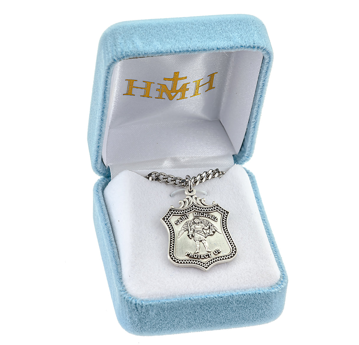 Saint Michael the Archangel Slaying Demon Sterling Silver Shield Medal Pendant with Chain
