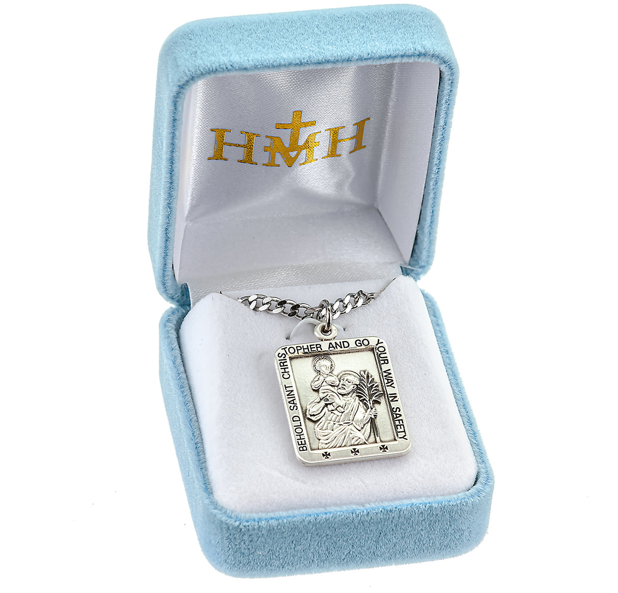 Saint Christopher Square Sterling Silver Medal Pendant with Chain