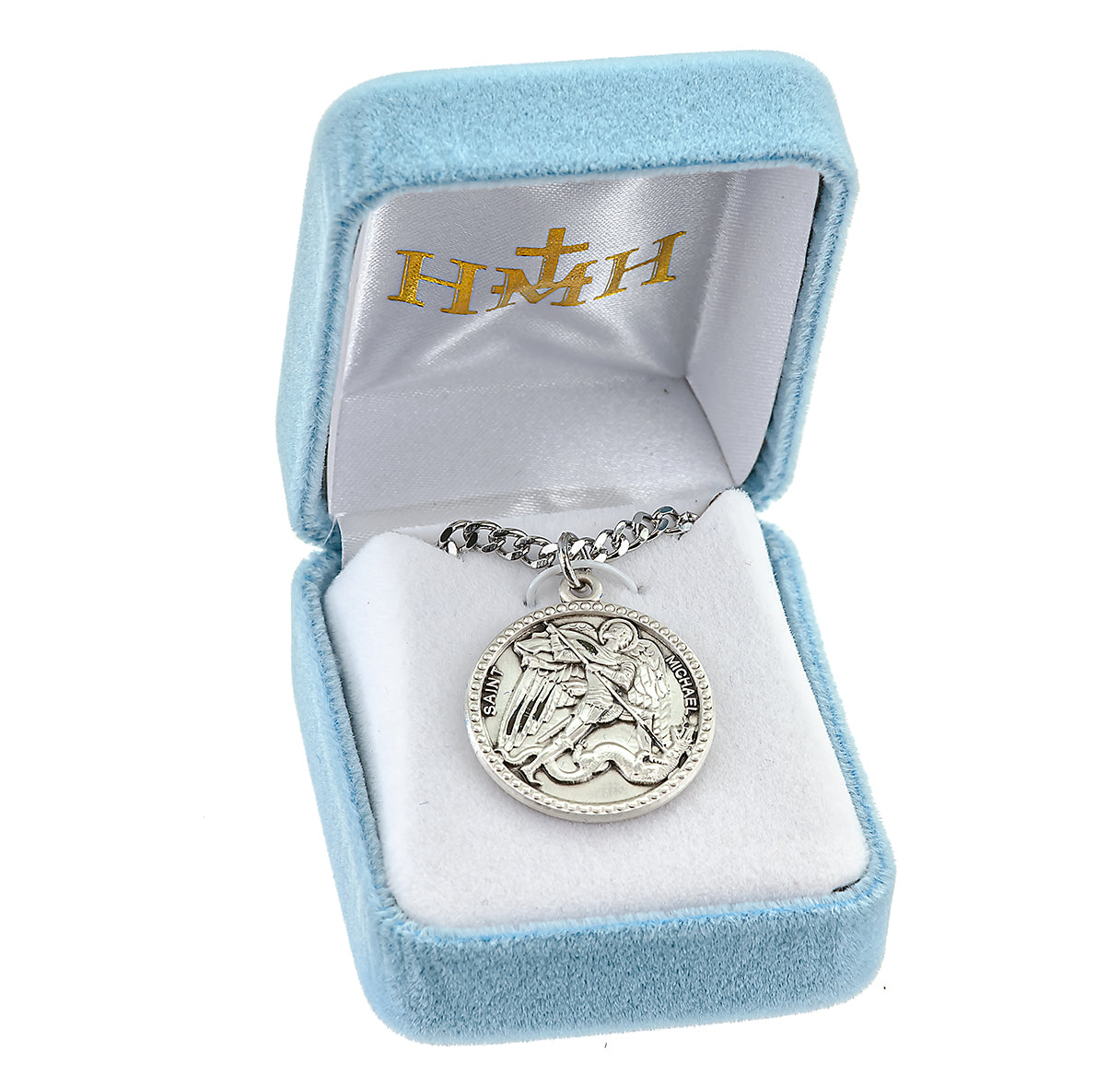 Saint Michael the Archangel Slaying Demon Round Sterling Silver Medal Pendant with Chain