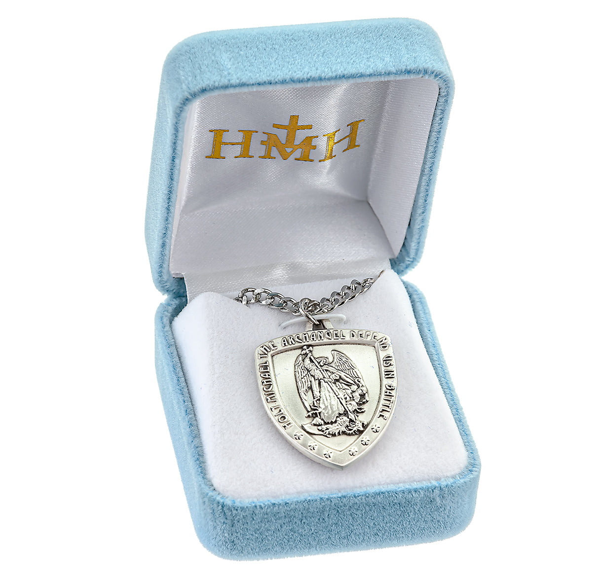 Saint Michael the Archangel Slaying Demon Sterling Silver Shield Medal Pendant with Chain
