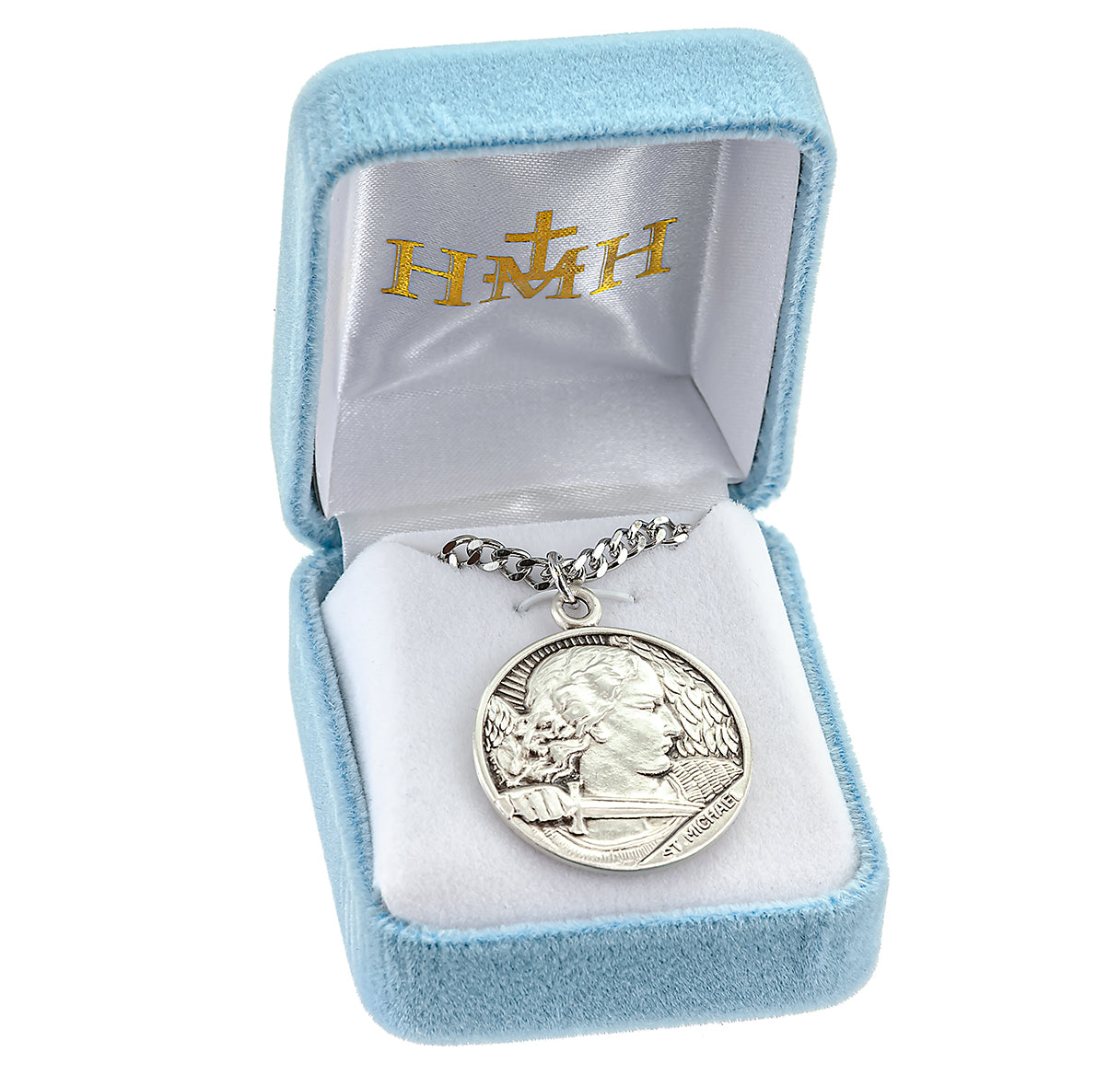 Saint Michael the Archangel Slaying Demon Round Sterling Silver Medal Pendant with Chain