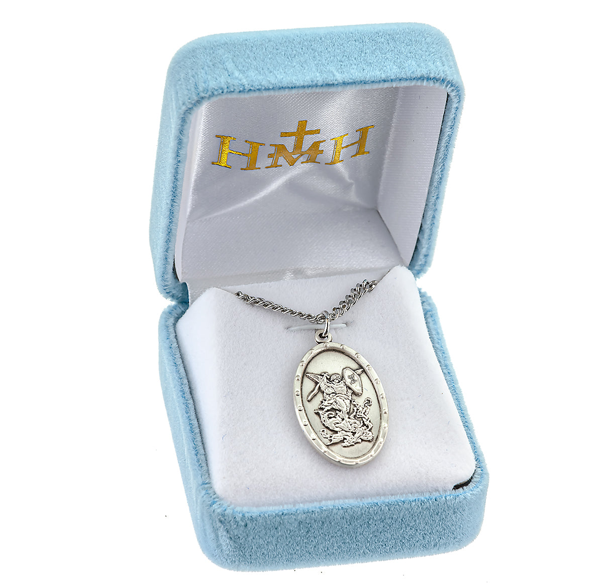 Saint Michael the Archangel Slaying Demon Sterling Silver Oval Shield Medal Pendant with Chain