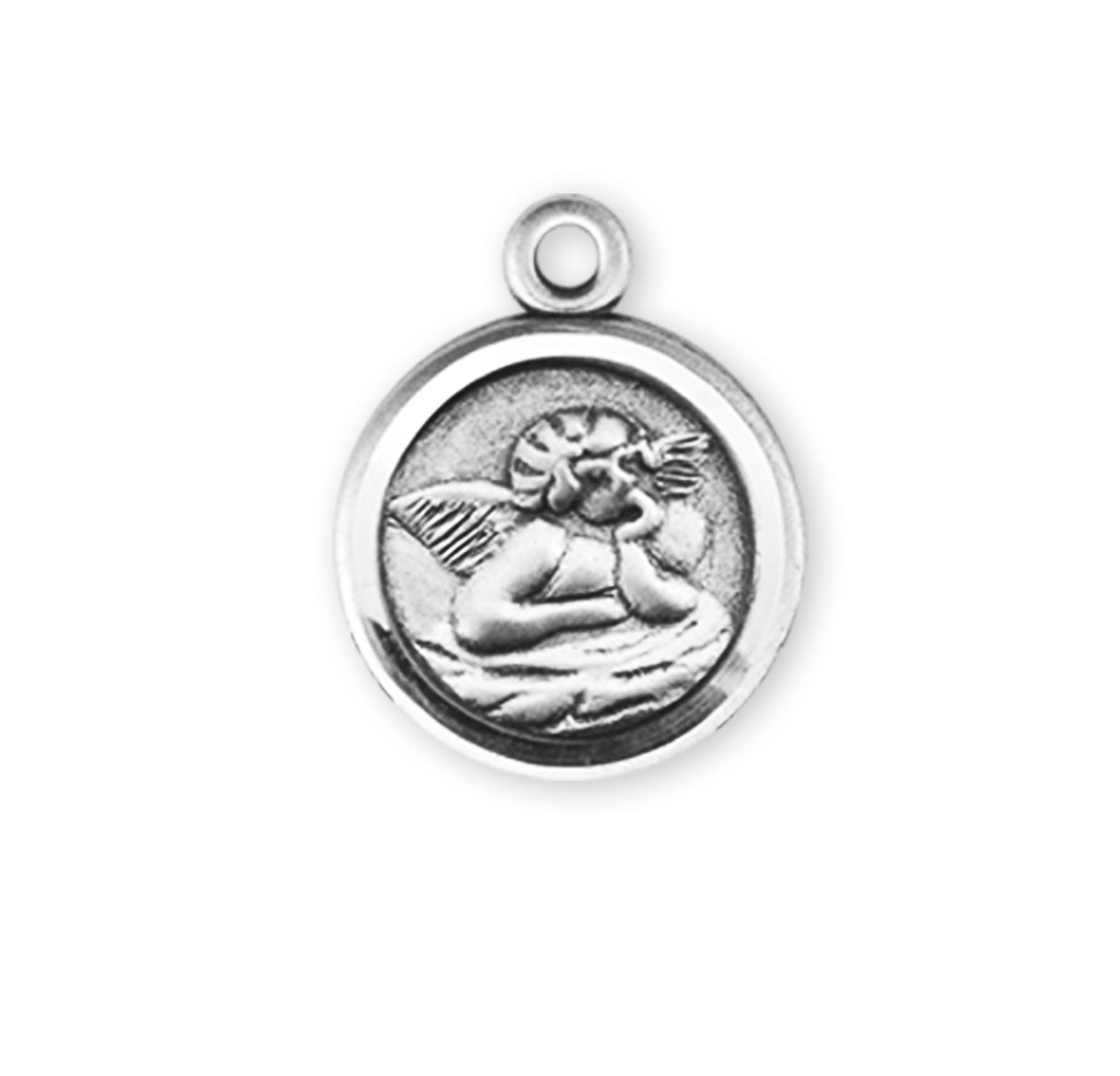 Guardian Angel Round Sterling Silver Medal Pendant with Chain