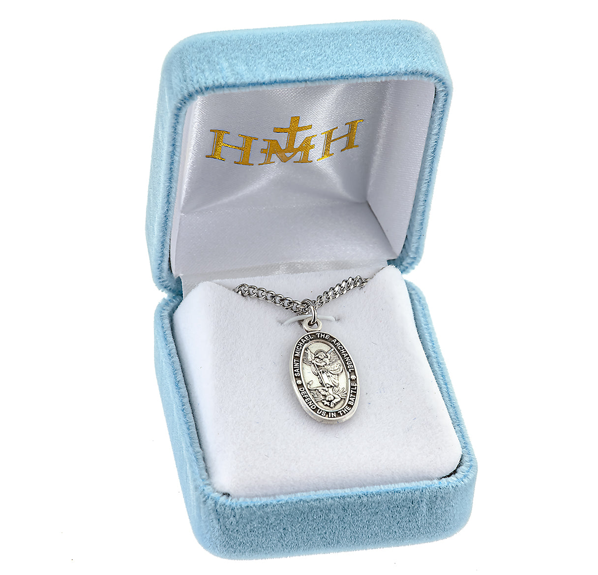 Saint Michael the Archangel Slaying Demon Oval Sterling Silver Medal Pendant with Chain