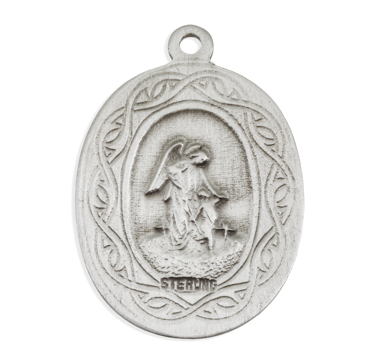Saint Michael the Archangel Slaying Demon Oval Sterling Silver "Crown of Thorns" Medal Pendant with Chain