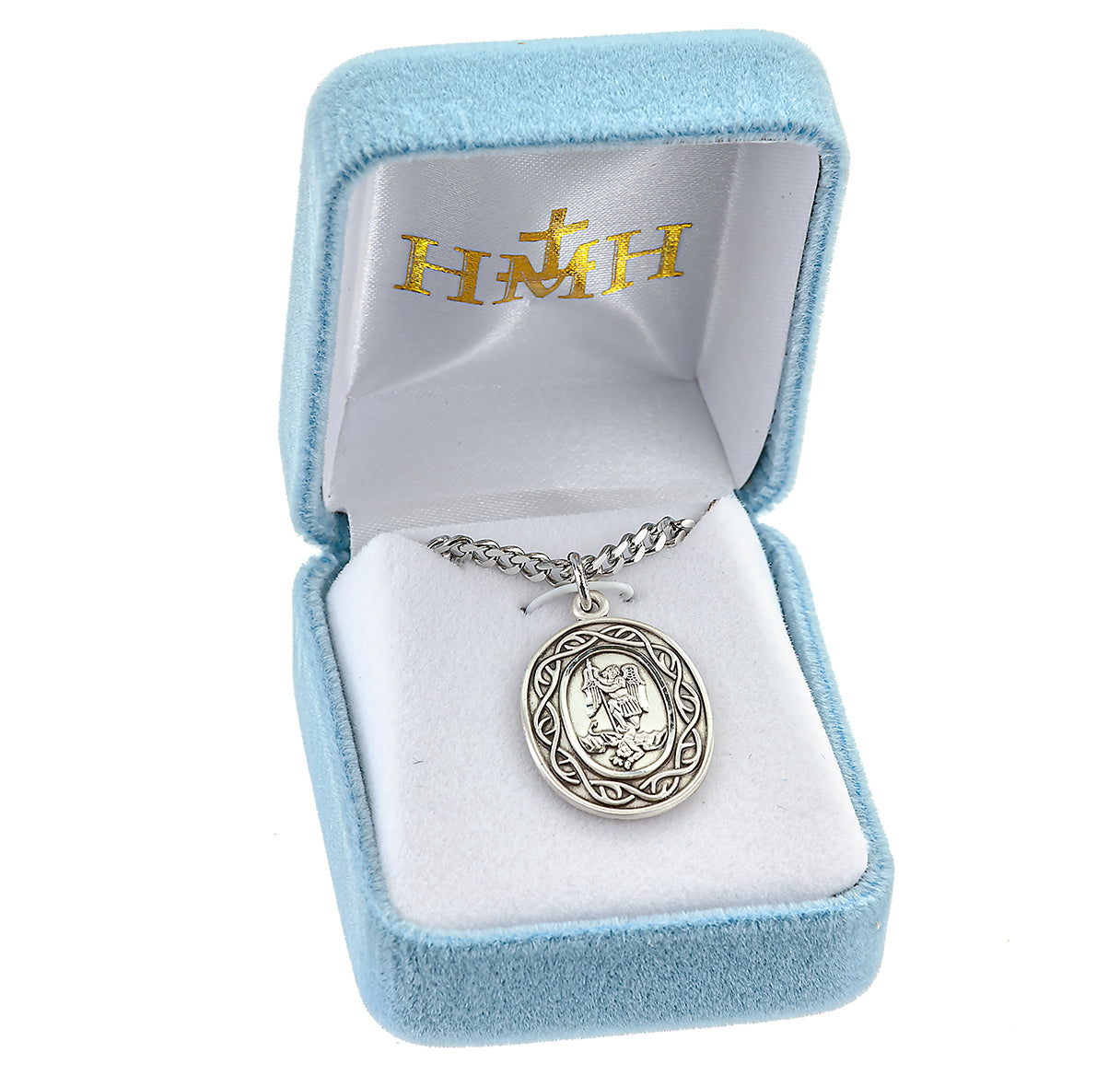 Saint Michael the Archangel Slaying Demon Oval Sterling Silver "Crown of Thorns" Medal Pendant with Chain