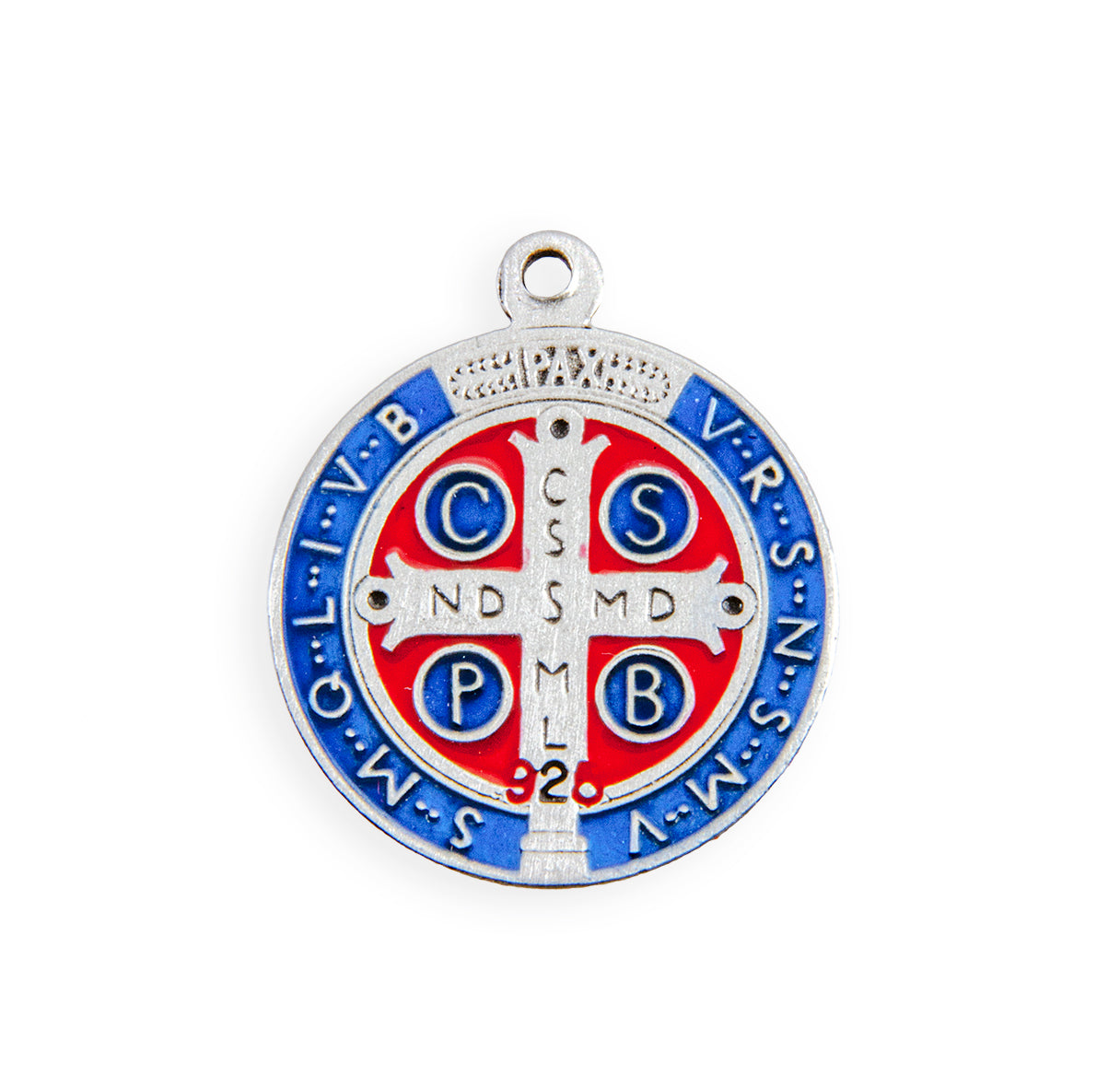 Saint Benedict Protection Round Blue and Red Enameled Jubilee Sterling Silver Medal Pendant with Chain