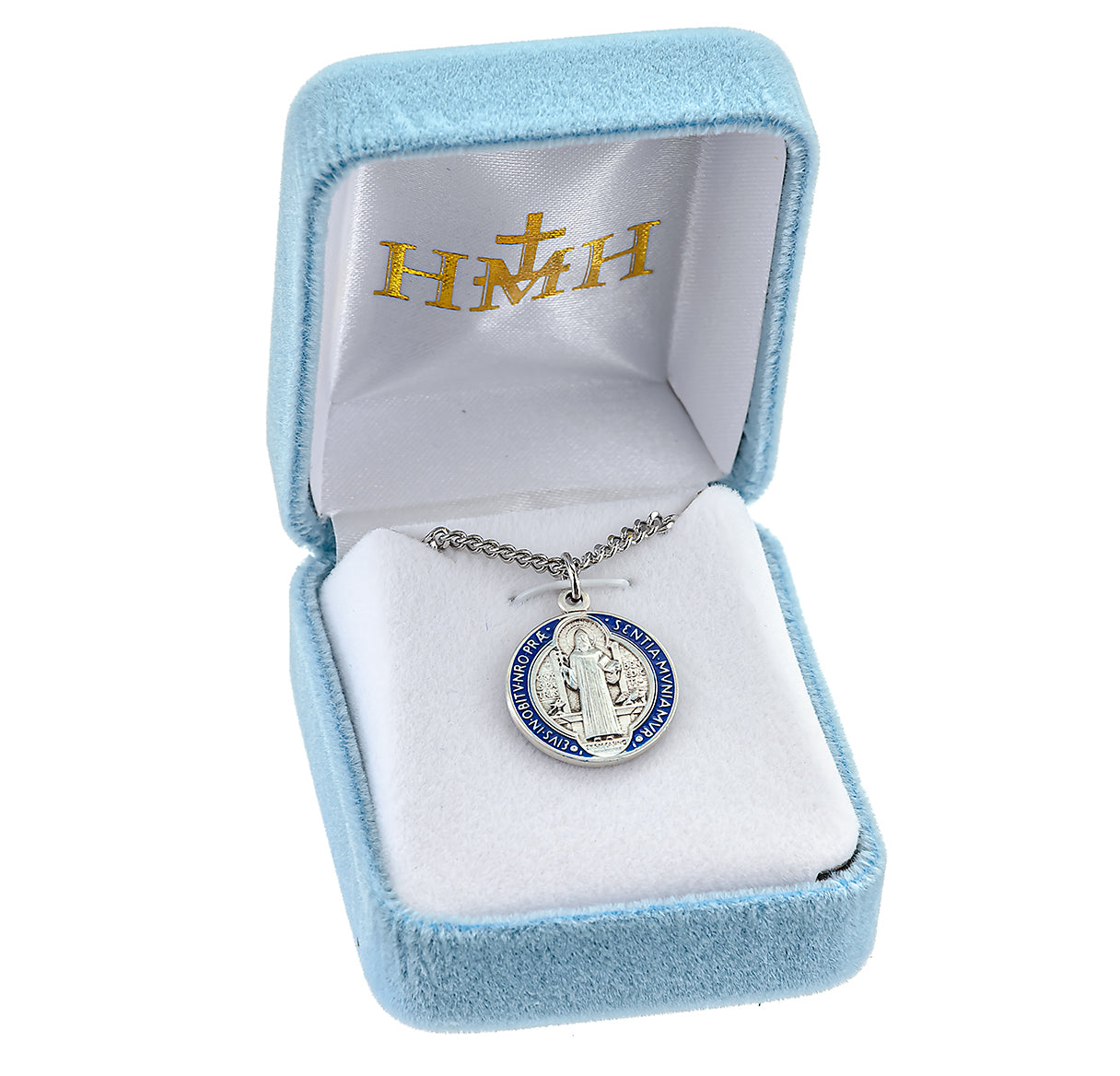 Saint Benedict Protection Round Blue and Red Enameled Jubilee Sterling Silver Medal Pendant with Chain