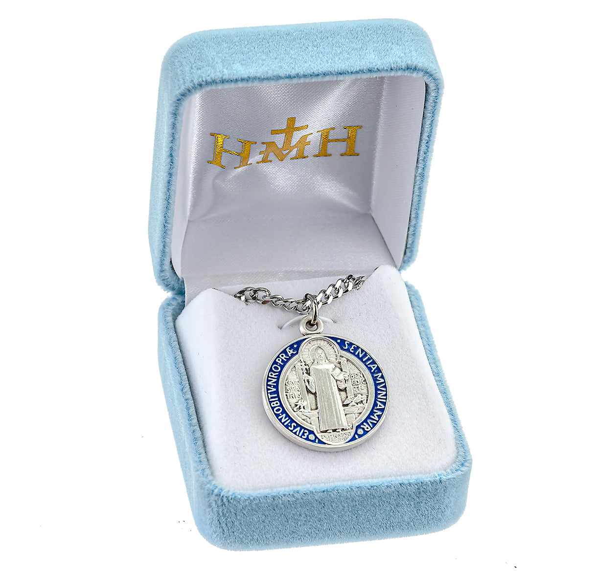 Saint Benedict Protection Round Blue and Red Enameled Jubilee Sterling Silver Medal Pendant with Chain