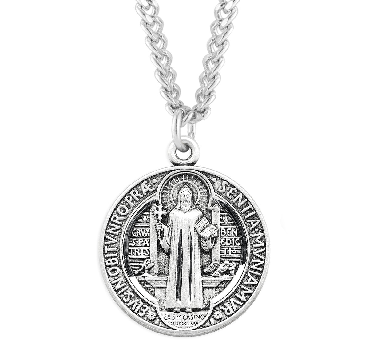Saint Benedict Protection Round Sterling Silver Medal Pendant with Cha