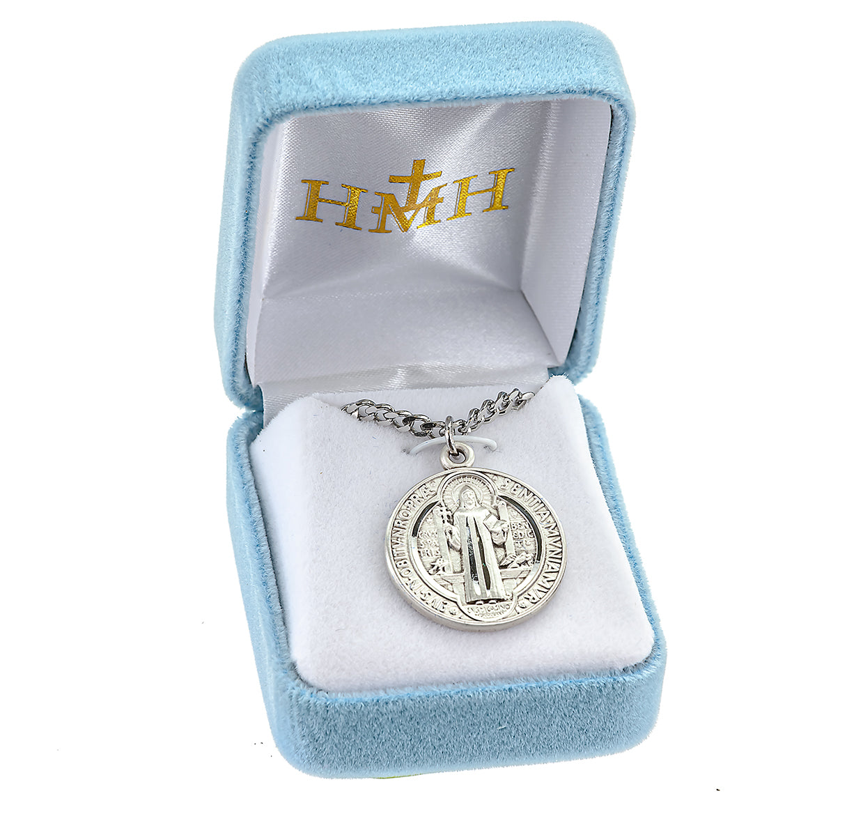 Saint Benedict Protection Round Sterling Silver Medal Pendant with Chain