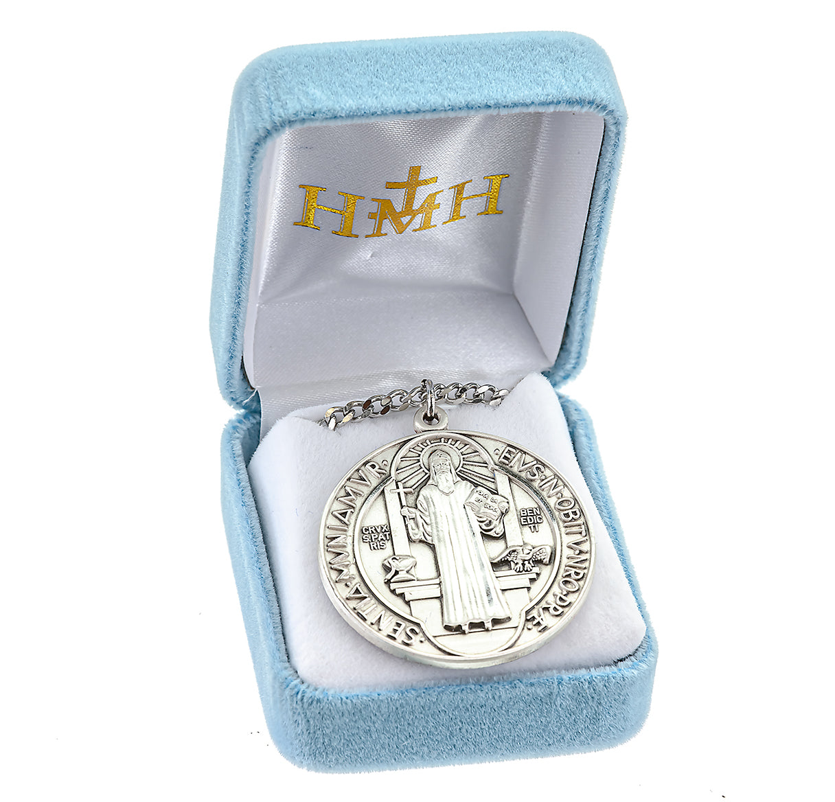 Saint Benedict Protection Round Jubilee Sterling Silver Medal Pendant with Chain
