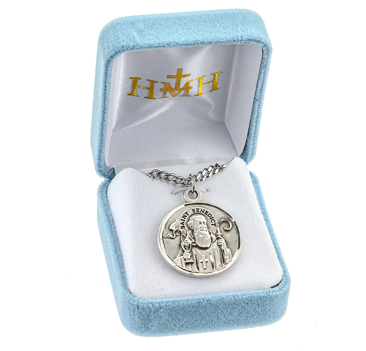 Saint Benedict Protection Round Sterling Silver Medal Pendant with Chain